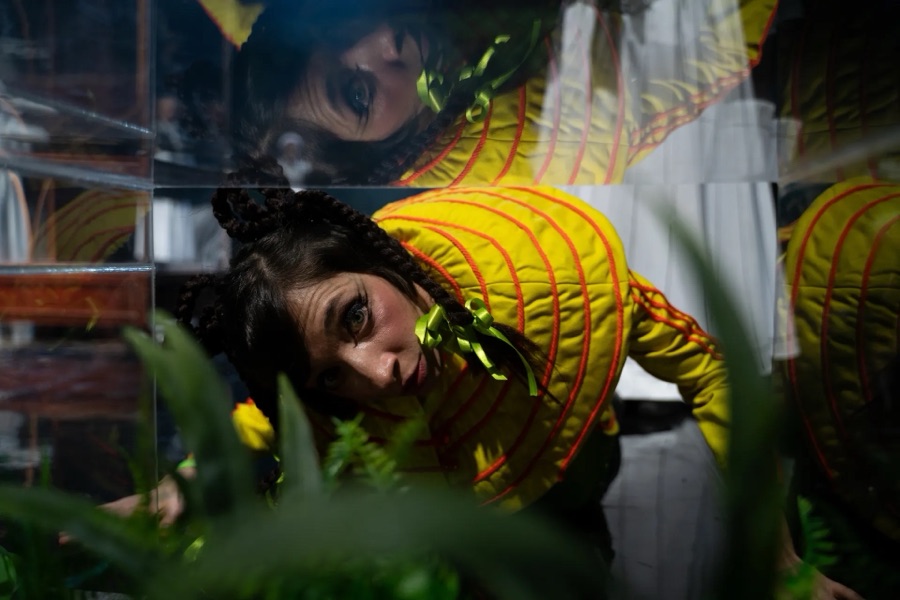 Close-up of Heidi in her yellow quilted dress crouching among green plants, her face mirrored in a glass surface above her.