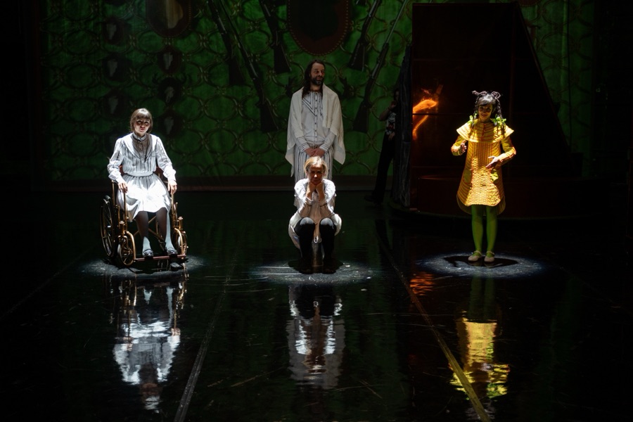 Klara in her wheelchair, the grandfather and Heidi reflected on a glossy black floor before the green wallpaper.