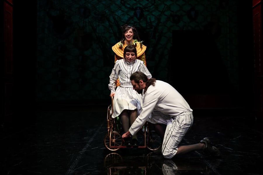 A kneeling man in white adjusts Klara's wheelchair while a laughing Heidi leans over her from behind.