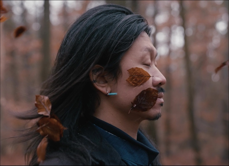 Profile of Ardian Hartono with autumn leaves stuck to his cheek and a blue feather earring.