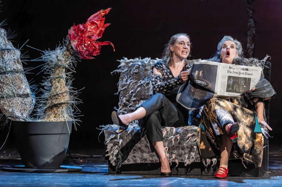 Clara and Lin on the sofa behind an open New York Times, Lin gasping in surprise, beside a potted cactus sculpture crowned with a red bloom.